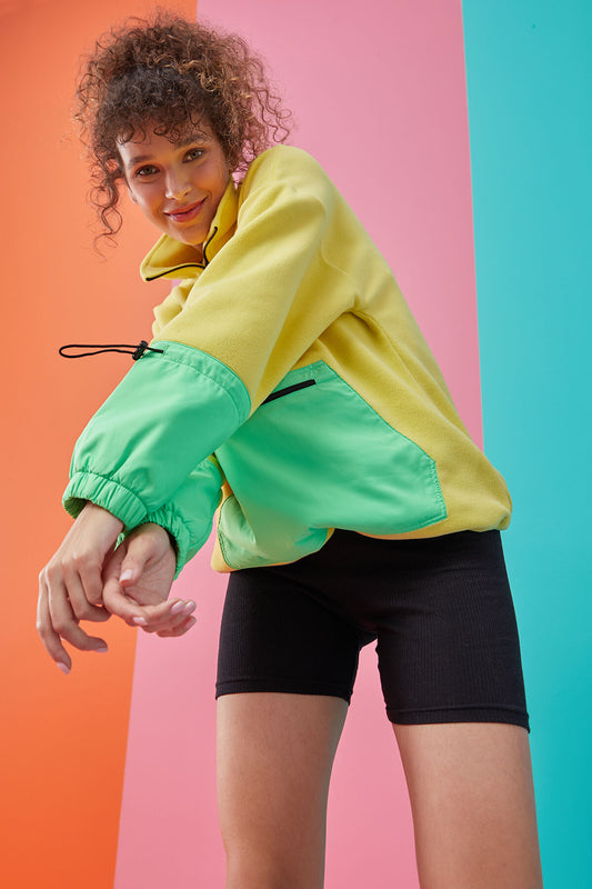 Lemon Skirt Hem Gathered Half Zipper Oversize Women's Polar Fleece Sweatshirt - 97238