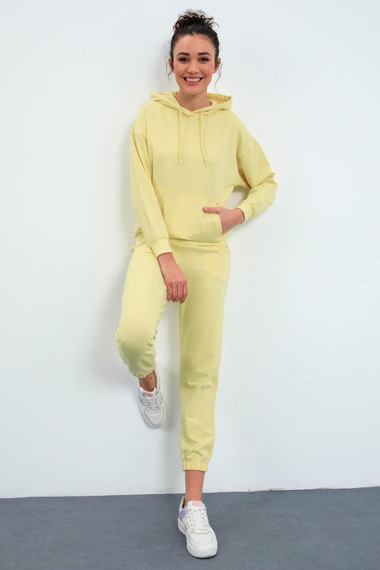Hooded Lemon Kangaroo Pocket Oversize Elastic Cuffed Women's Tracksuit Set - 95288