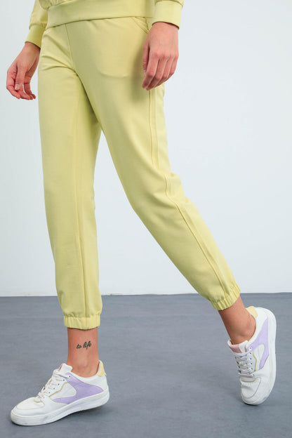 Hooded Lemon Kangaroo Pocket Oversize Elastic Cuffed Women's Tracksuit Set - 95288