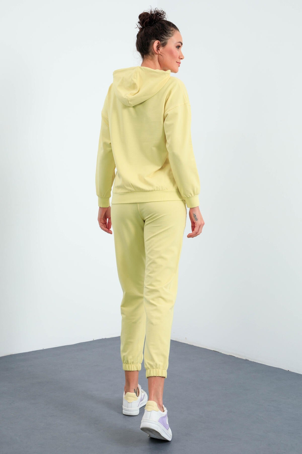 Hooded Lemon Kangaroo Pocket Oversize Elastic Cuffed Women's Tracksuit Set - 95288