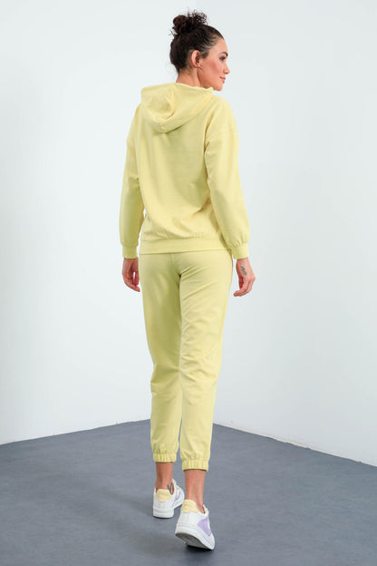 Hooded Lemon Kangaroo Pocket Oversize Elastic Cuffed Women's Tracksuit Set - 95288