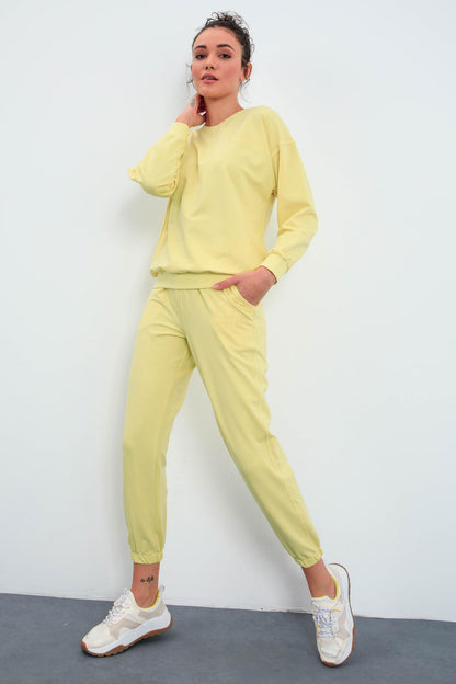 Lemon Basic Cotton O-Neck Oversize Elastic Cuffed Women's Tracksuit Set - 95287