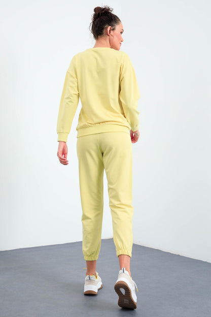 Lemon Basic Cotton O-Neck Oversize Elastic Cuffed Women's Tracksuit Set - 95287