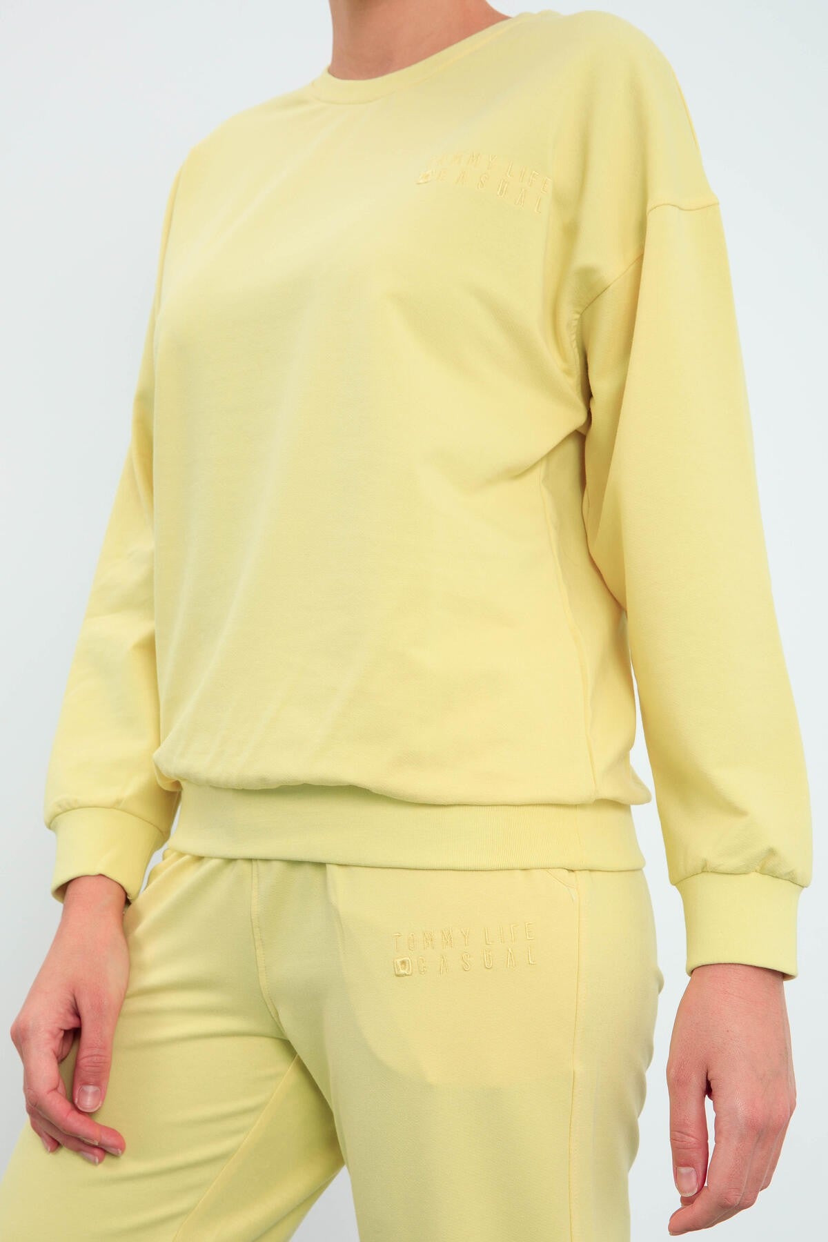 Lemon Basic Cotton O-Neck Oversize Elastic Cuffed Women's Tracksuit Set - 95287