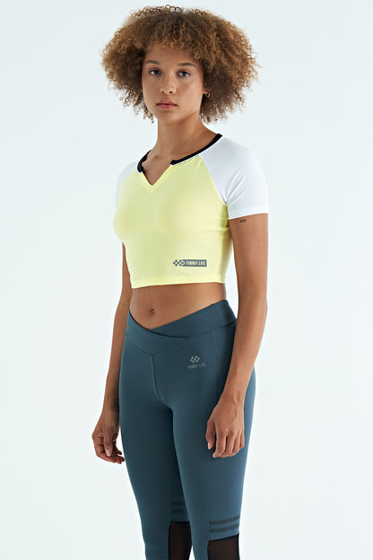 Lemon Color Block Logo Printed O Collar Slim Fit Women's Crop T-Shirt - 97270