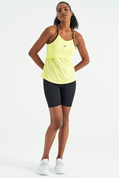 Lemon Back Cross Strap Detailed Standard Cut Women's Sports Singlet - 97261
