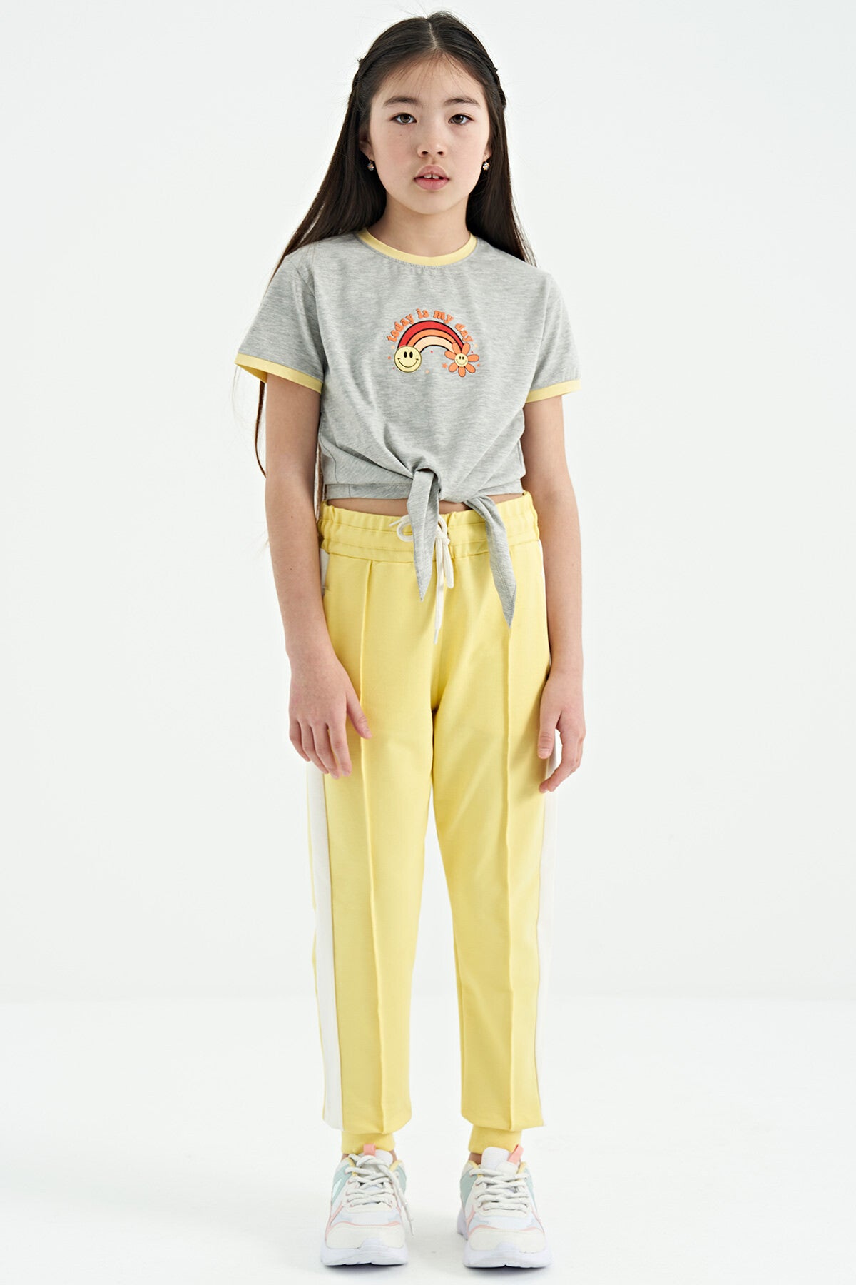Lemon Side Striped Hidden Zipper Pocket Detailed Jogger Girls' Tracksuit Bottom - 75122