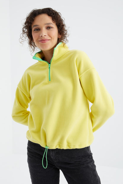 Lemon Half Zipper Skirt Hem Gathers Straight Collar Oversize Women's Fleece Sweatshirt - 97234