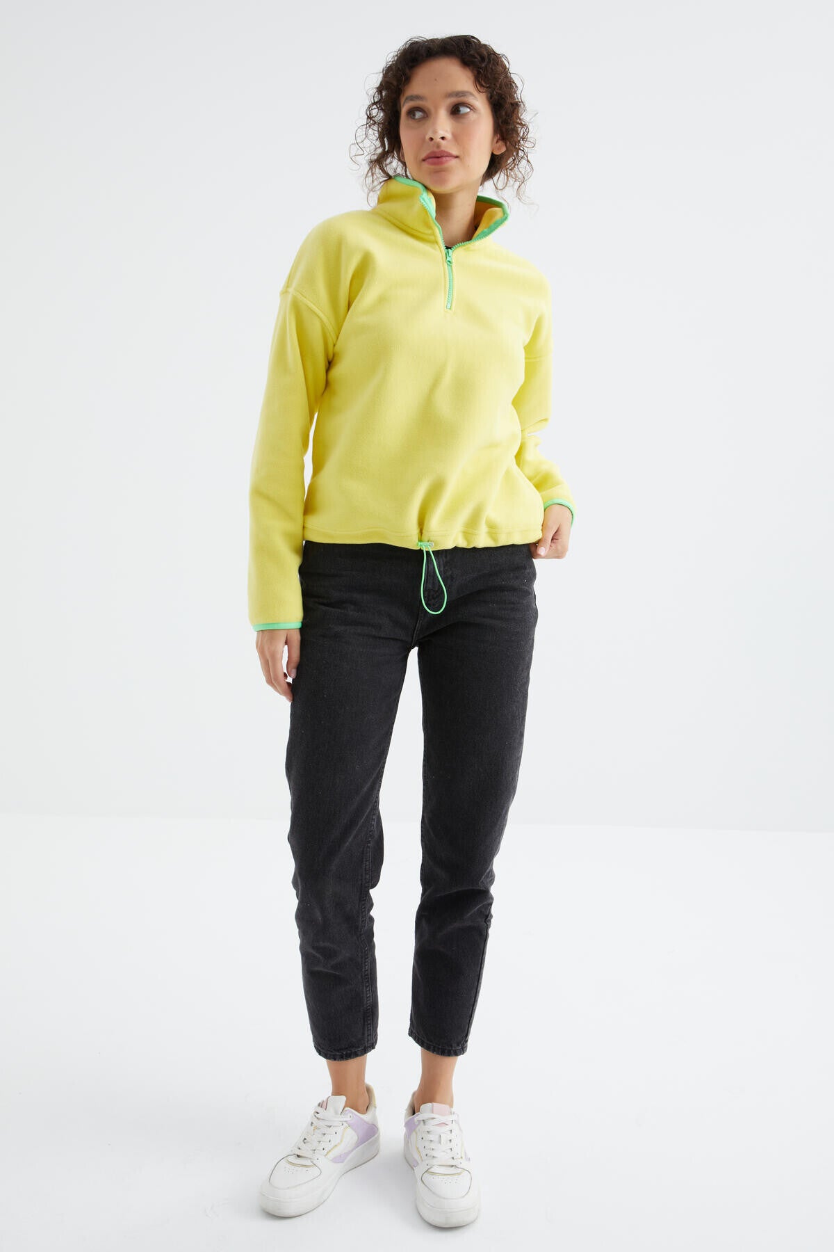 Lemon Half Zipper Skirt Hem Gathers Straight Collar Oversize Women's Fleece Sweatshirt - 97234