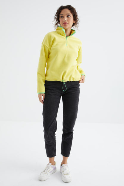 Lemon Half Zipper Skirt Hem Gathers Straight Collar Oversize Women's Fleece Sweatshirt - 97234