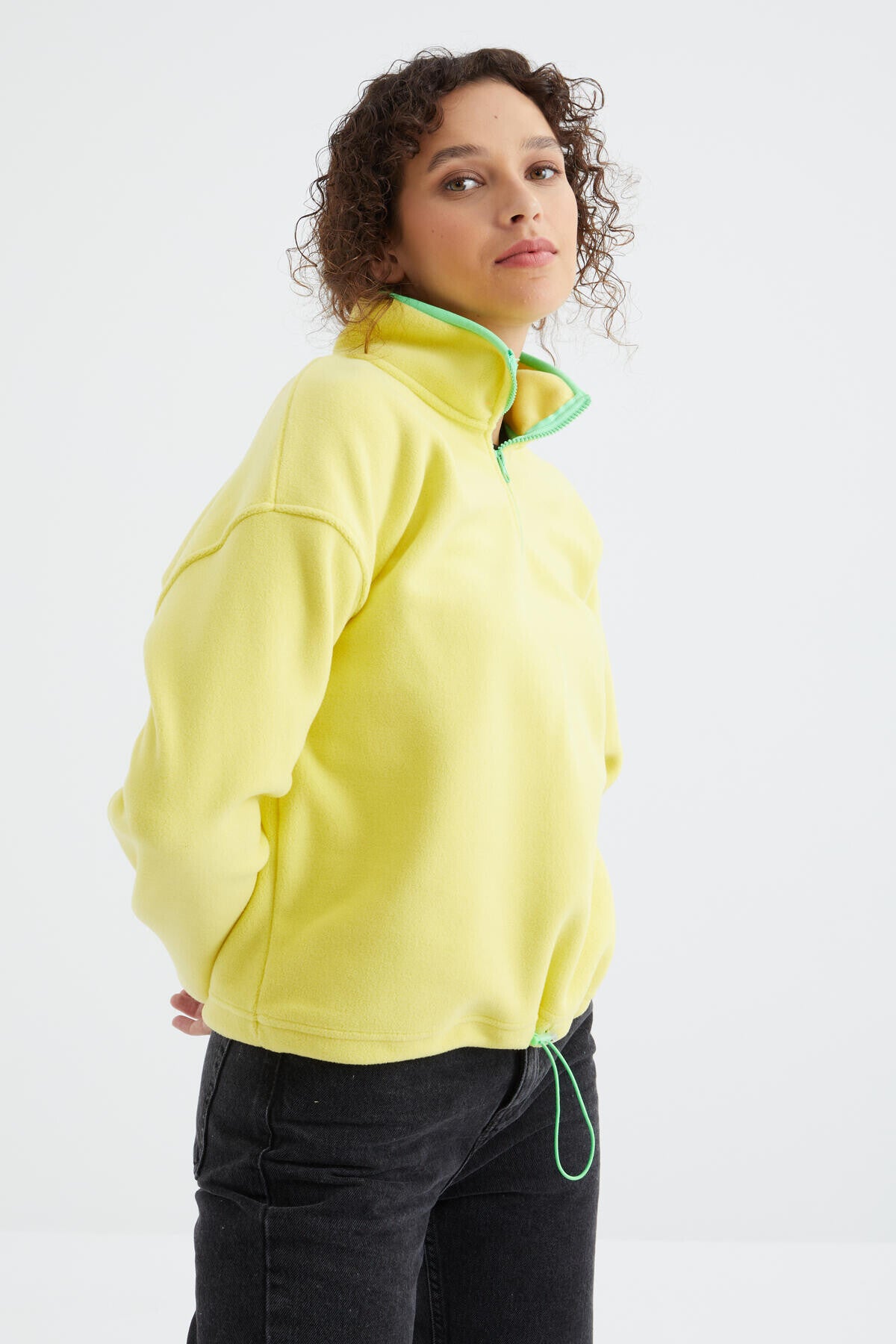 Lemon Half Zipper Skirt Hem Gathers Straight Collar Oversize Women's Fleece Sweatshirt - 97234