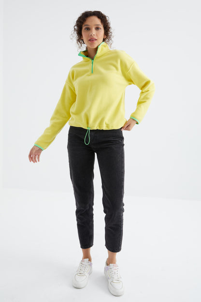 Lemon Half Zipper Skirt Hem Gathers Straight Collar Oversize Women's Fleece Sweatshirt - 97234