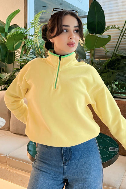 Lemon Half Zipper Skirt Hem Gathers Straight Collar Oversize Women's Fleece Sweatshirt - 97234