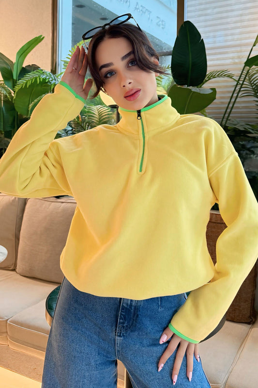 Lemon Half Zipper Skirt Hem Gathers Straight Collar Oversize Women's Fleece Sweatshirt - 97234