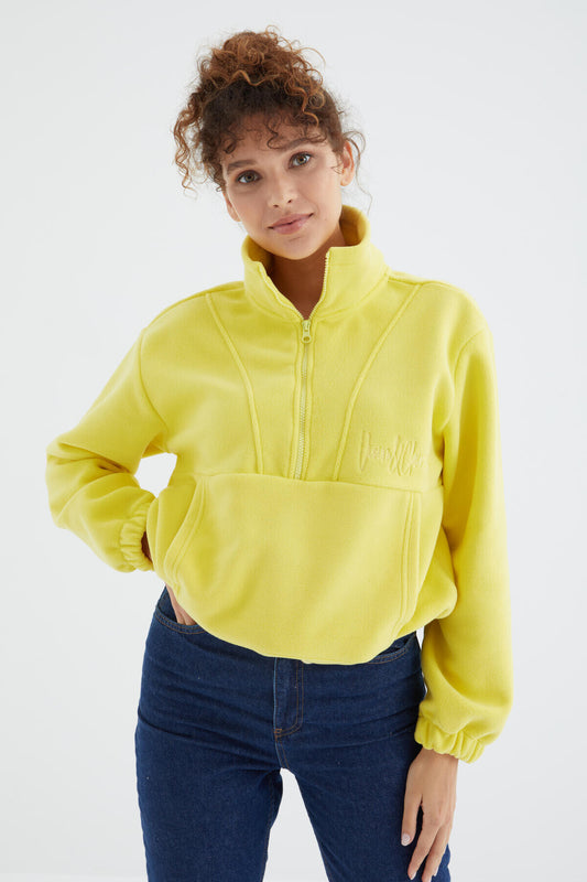 Lemon Half Zipper Skirt with Gathered Hem Women's Polar Oversize Sweatshirt - 97171