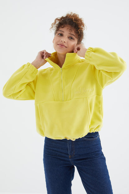 Lemon Half Zipper Skirt with Gathered Hem Women's Polar Oversize Sweatshirt - 97171