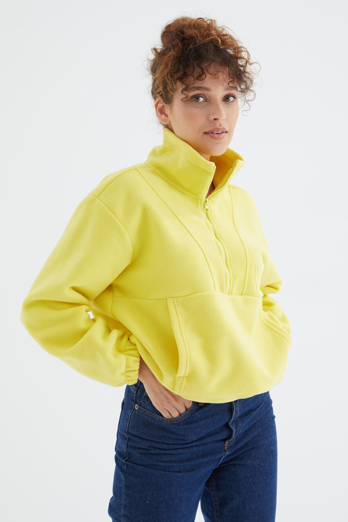 Lemon Half Zipper Skirt with Gathered Hem Women's Polar Oversize Sweatshirt - 97171