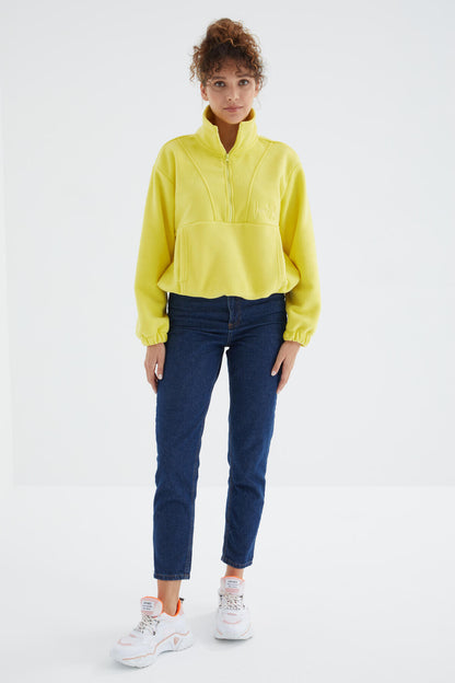 Lemon Half Zipper Skirt with Gathered Hem Women's Polar Oversize Sweatshirt - 97171