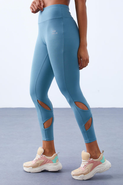 Mint Green High Waist Slim Fit Women's Tights with Back Ankle Windows - 94611