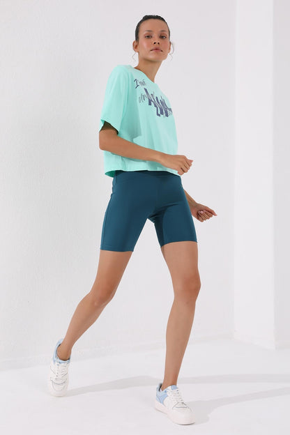 Mint Green Asymmetric Print O Collar Women's Oversize T-Shirt - 97136