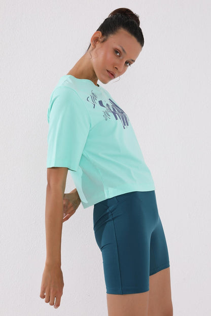 Mint Green Asymmetric Print O Collar Women's Oversize T-Shirt - 97136