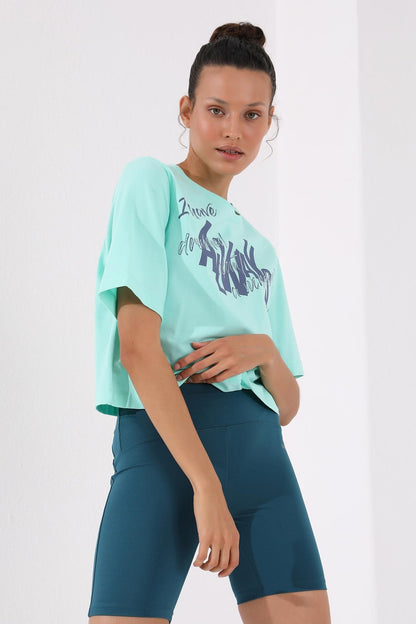 Mint Green Asymmetric Print O Collar Women's Oversize T-Shirt - 97136