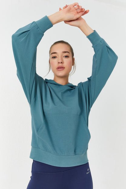 Mint Green Balloon Sleeve Hooded Women's Oversize Sweatshirt - 97156