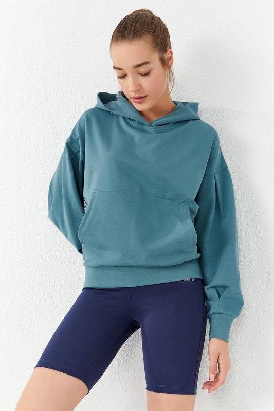 Mint Green Balloon Sleeve Hooded Women's Oversize Sweatshirt - 97156