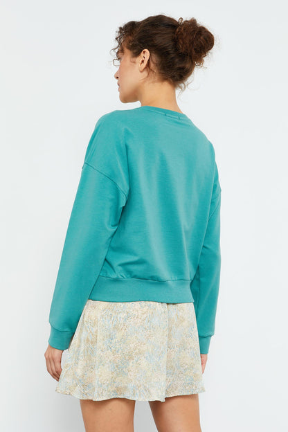 Mint Green Basic Comfort Fit Round Neck Women's Sweatshirt - 97114
