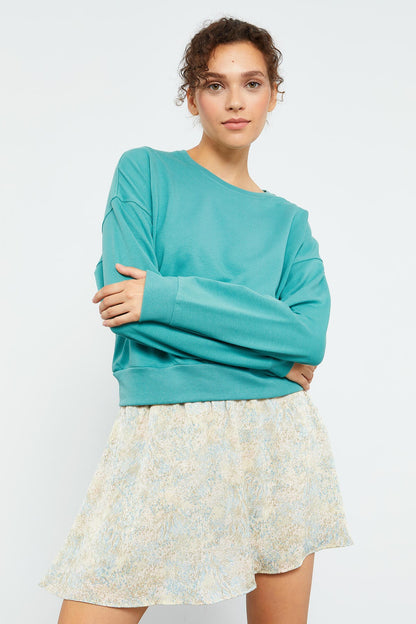 Mint Green Basic Comfort Fit Round Neck Women's Sweatshirt - 97114