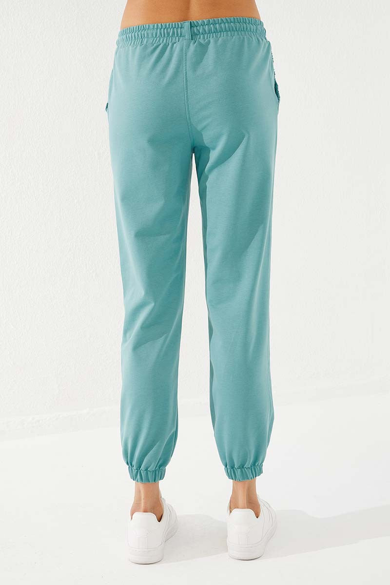 Mint Green Pleated Pocket Comfortable Form Elastic Cuff Women's Tracksuit Bottom - 94580