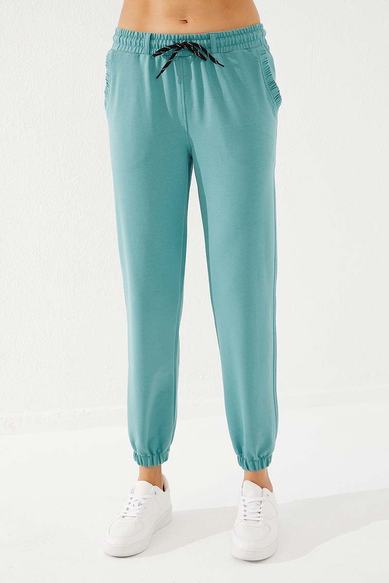 Mint Green Pleated Pocket Comfortable Form Elastic Cuff Women's Tracksuit Bottom - 94580