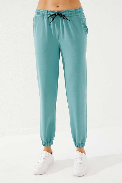 Mint Green Pleated Pocket Comfortable Form Elastic Cuff Women's Tracksuit Bottom - 94580