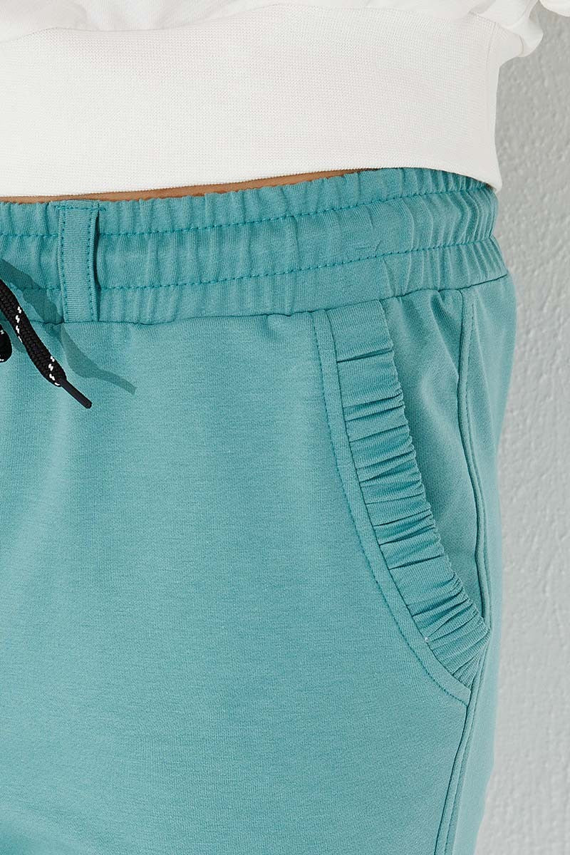 Mint Green Pleated Pocket Comfortable Form Elastic Cuff Women's Tracksuit Bottom - 94580