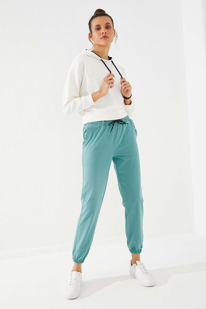Mint Green Pleated Pocket Comfortable Form Elastic Cuff Women's Tracksuit Bottom - 94580