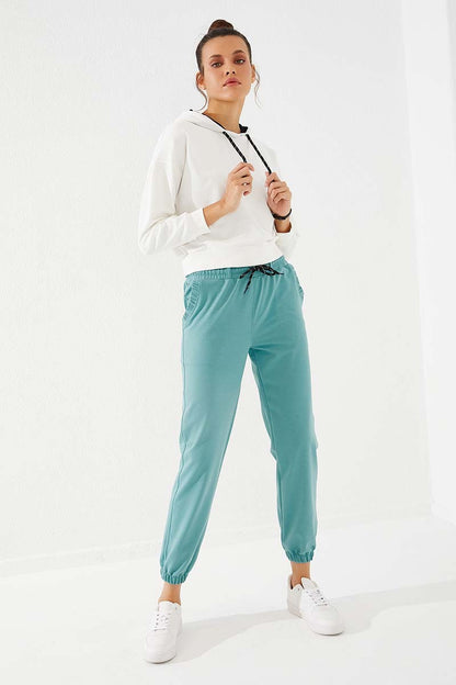 Mint Green Pleated Pocket Comfortable Form Elastic Cuff Women's Tracksuit Bottom - 94580