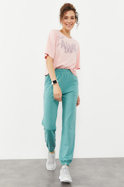 Mint Green High Waist Comfort Fit Elastic Cuffed Women's Tracksuit Bottom - 94583