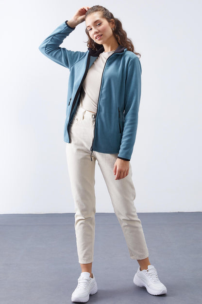 Mint Green Stand Collar Zippered Comfort Fit Women's Fleece Sweatshirt - 97173