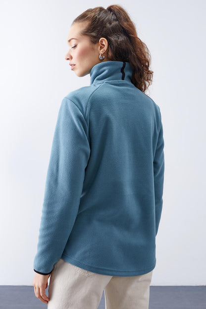 Mint Green Stand Collar Zippered Comfort Fit Women's Fleece Sweatshirt - 97173