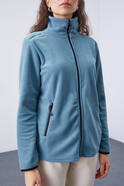 Mint Green Stand Collar Zippered Comfort Fit Women's Fleece Sweatshirt - 97173