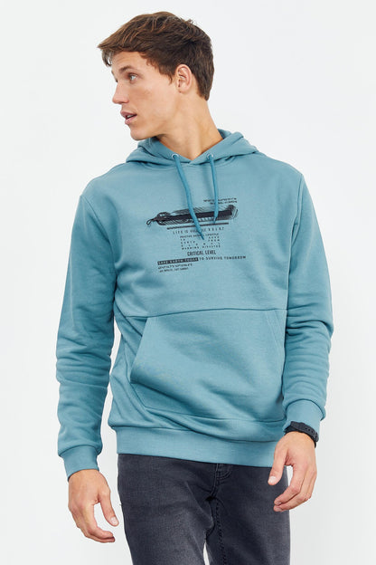 Mint Green Printed Hooded Kangaroo Pocket Comfort Fit Men's Sweatshirt - 88019