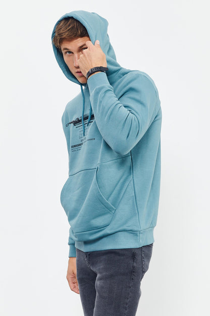 Mint Green Printed Hooded Kangaroo Pocket Comfort Fit Men's Sweatshirt - 88019