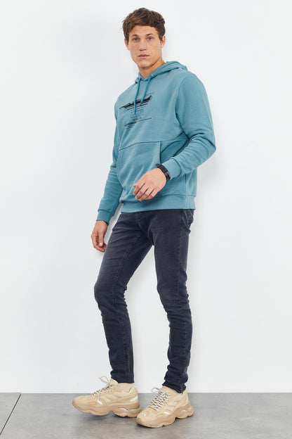 Mint Green Printed Hooded Kangaroo Pocket Comfort Fit Men's Sweatshirt - 88019