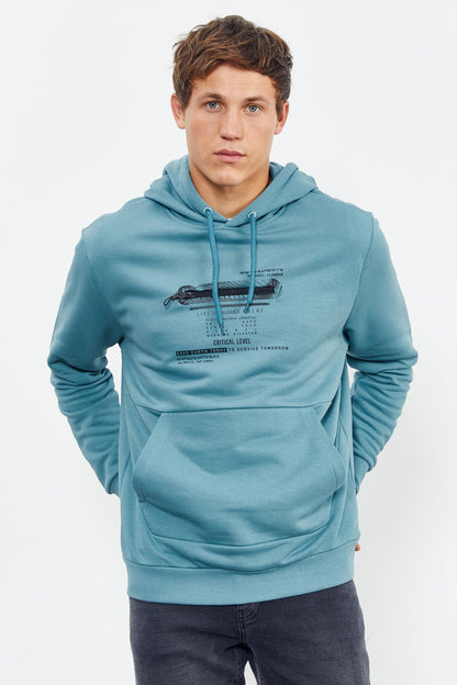 Mint Green Printed Hooded Kangaroo Pocket Comfort Fit Men's Sweatshirt - 88019