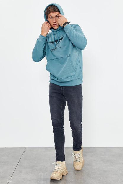 Mint Green Printed Hooded Kangaroo Pocket Comfort Fit Men's Sweatshirt - 88019