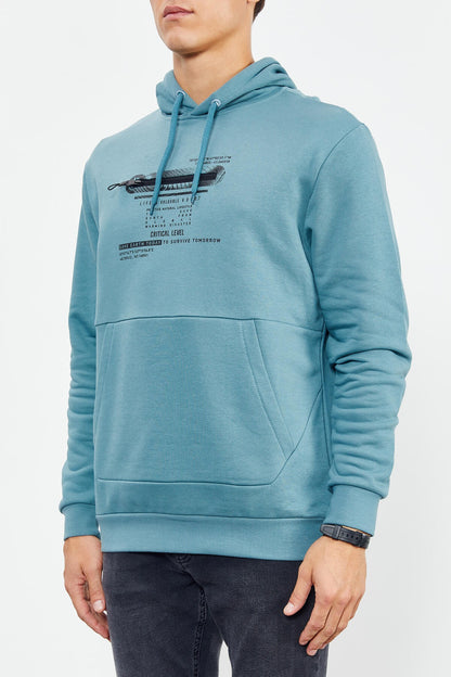 Mint Green Printed Hooded Kangaroo Pocket Comfort Fit Men's Sweatshirt - 88019