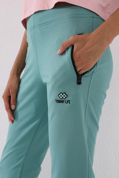 Mint Green Zippered Pocket Comfort Fit Classic Hem Women's Tracksuit Bottom - 94195