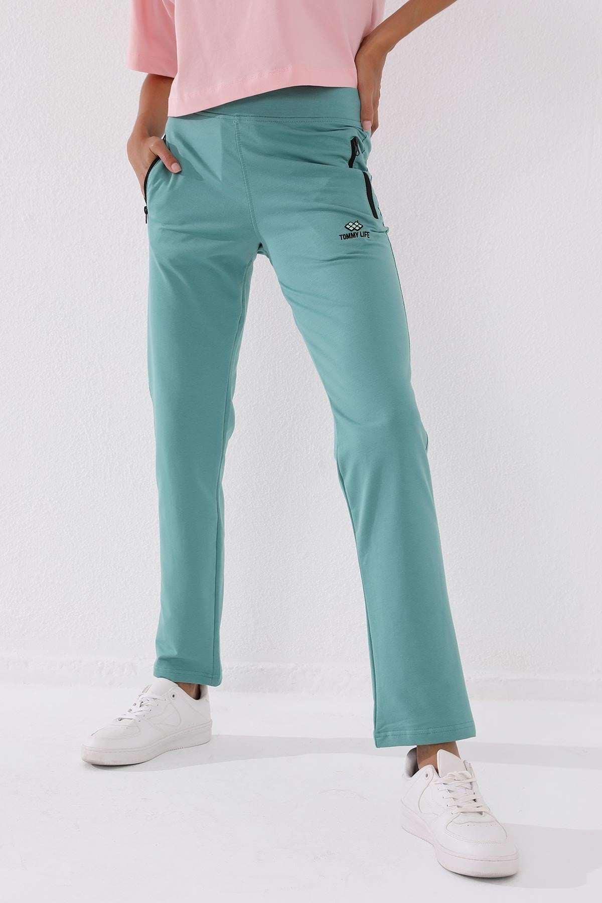 Mint Green Zippered Pocket Comfort Fit Classic Hem Women's Tracksuit Bottom - 94195