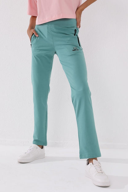 Mint Green Zippered Pocket Comfort Fit Classic Hem Women's Tracksuit Bottom - 94195