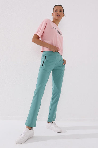 Mint Green Zippered Pocket Comfort Fit Classic Hem Women's Tracksuit Bottom - 94195